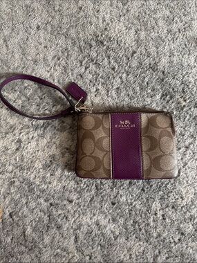 Coach Brown Signature Canvas Wristlet with Purple Leather Stripe